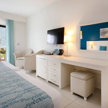 a room with a bed and a television