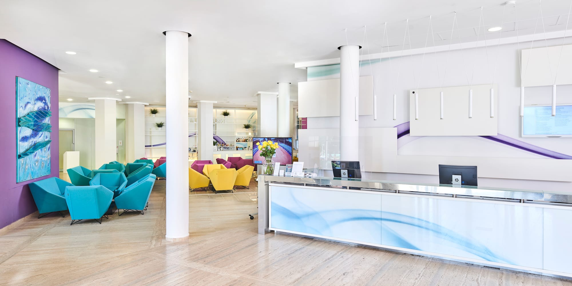 a reception desk in a hotel