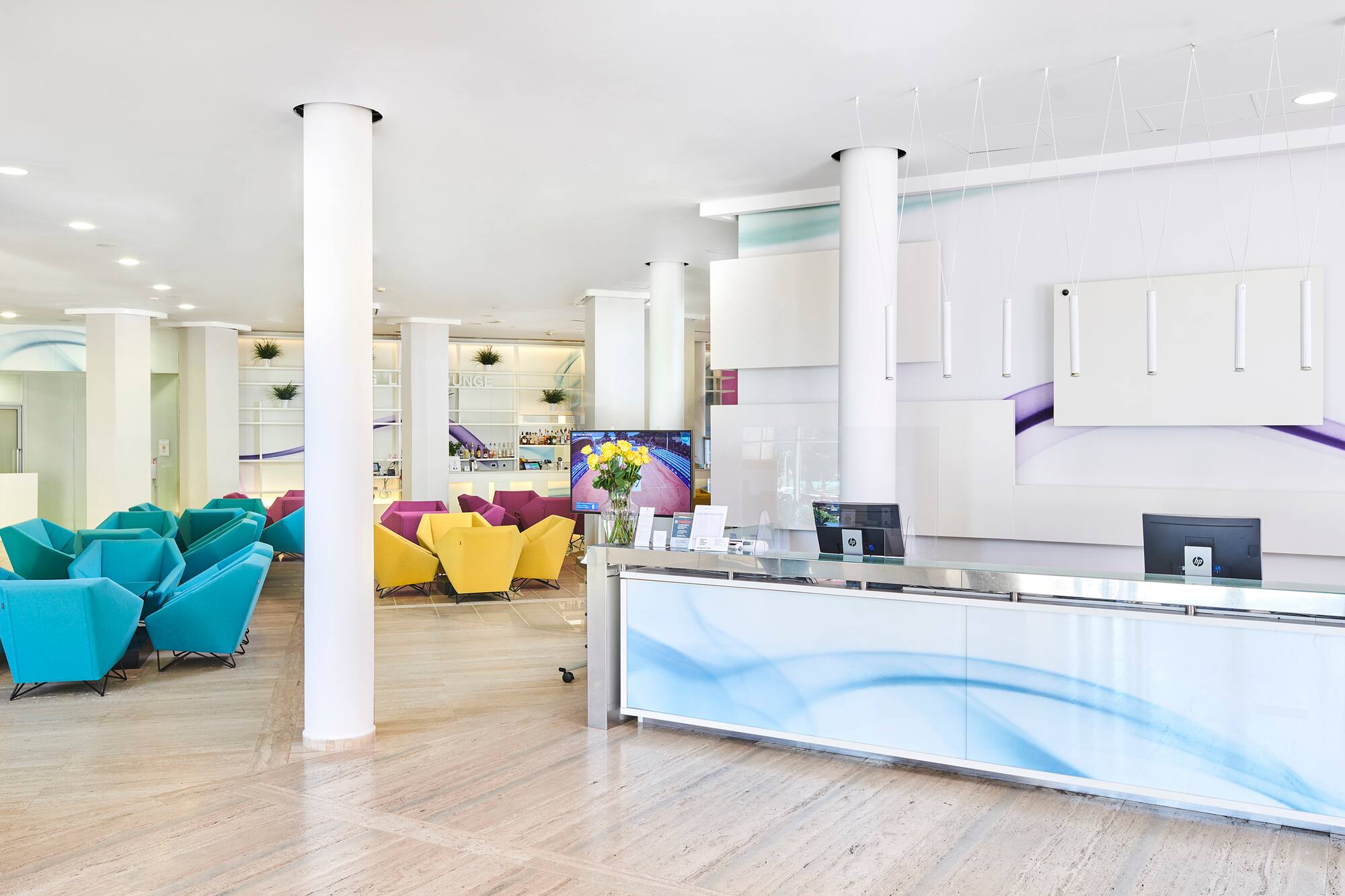 a reception desk in a hotel