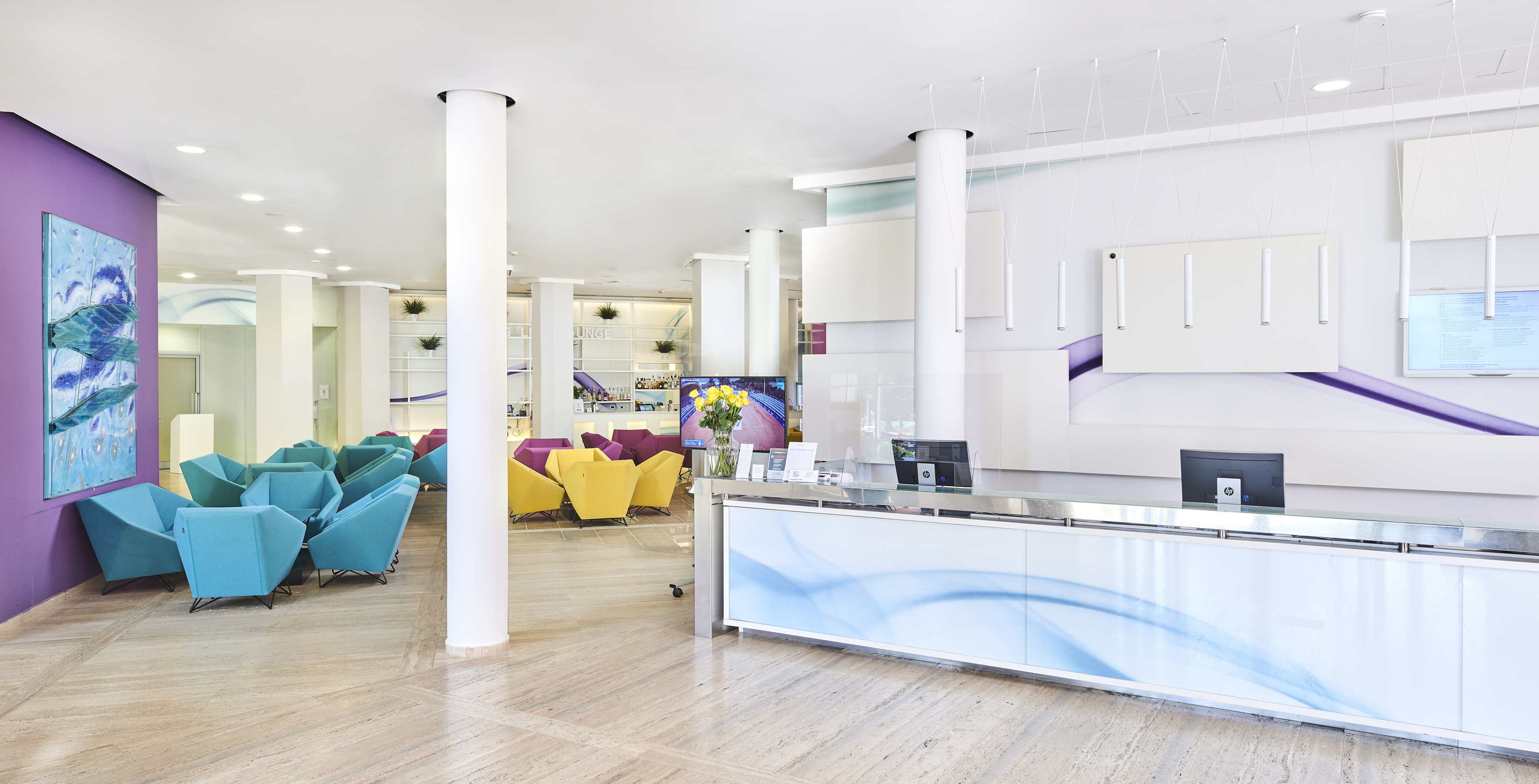 a reception desk in a hotel