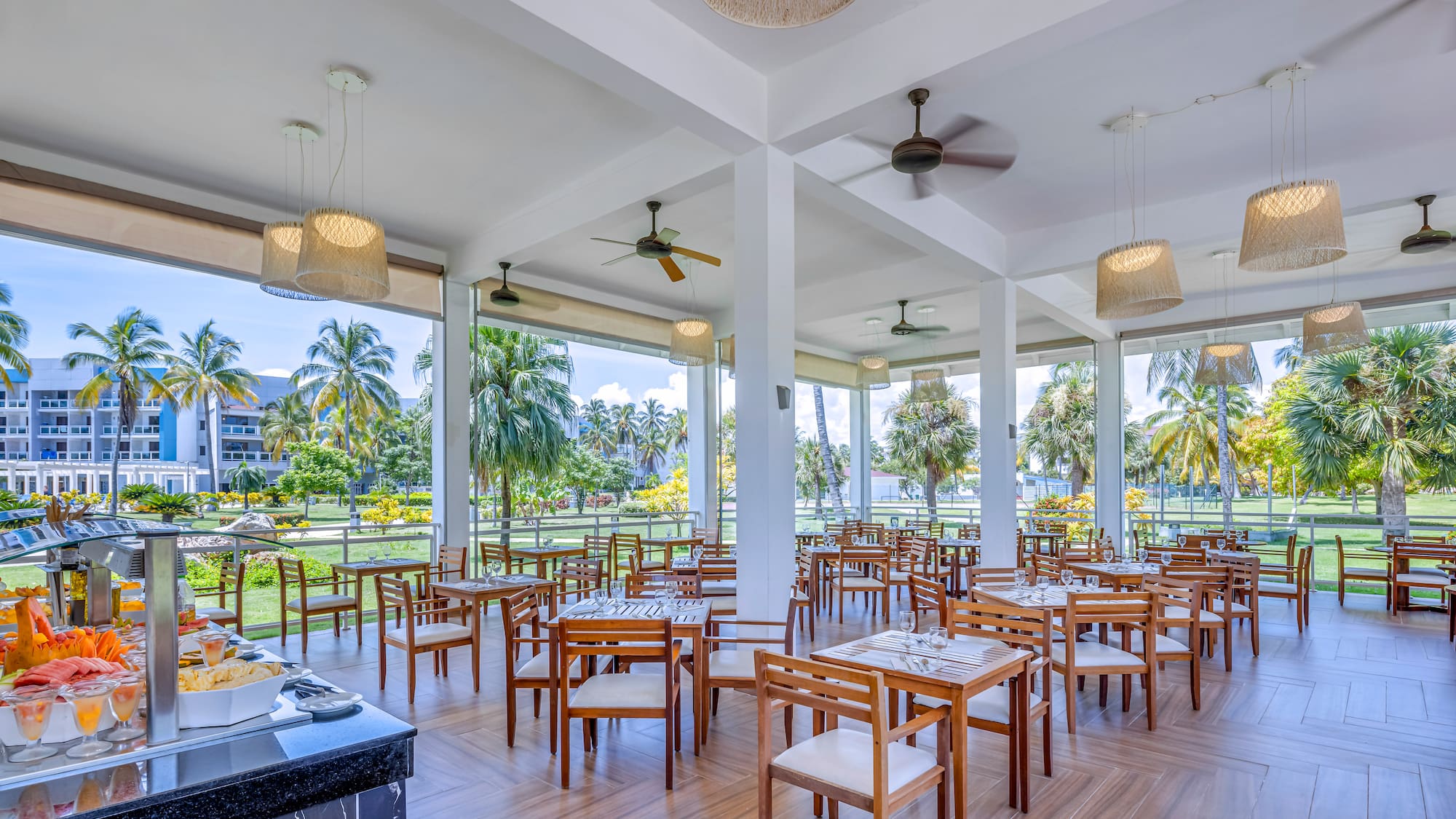 a room with tables and chairs