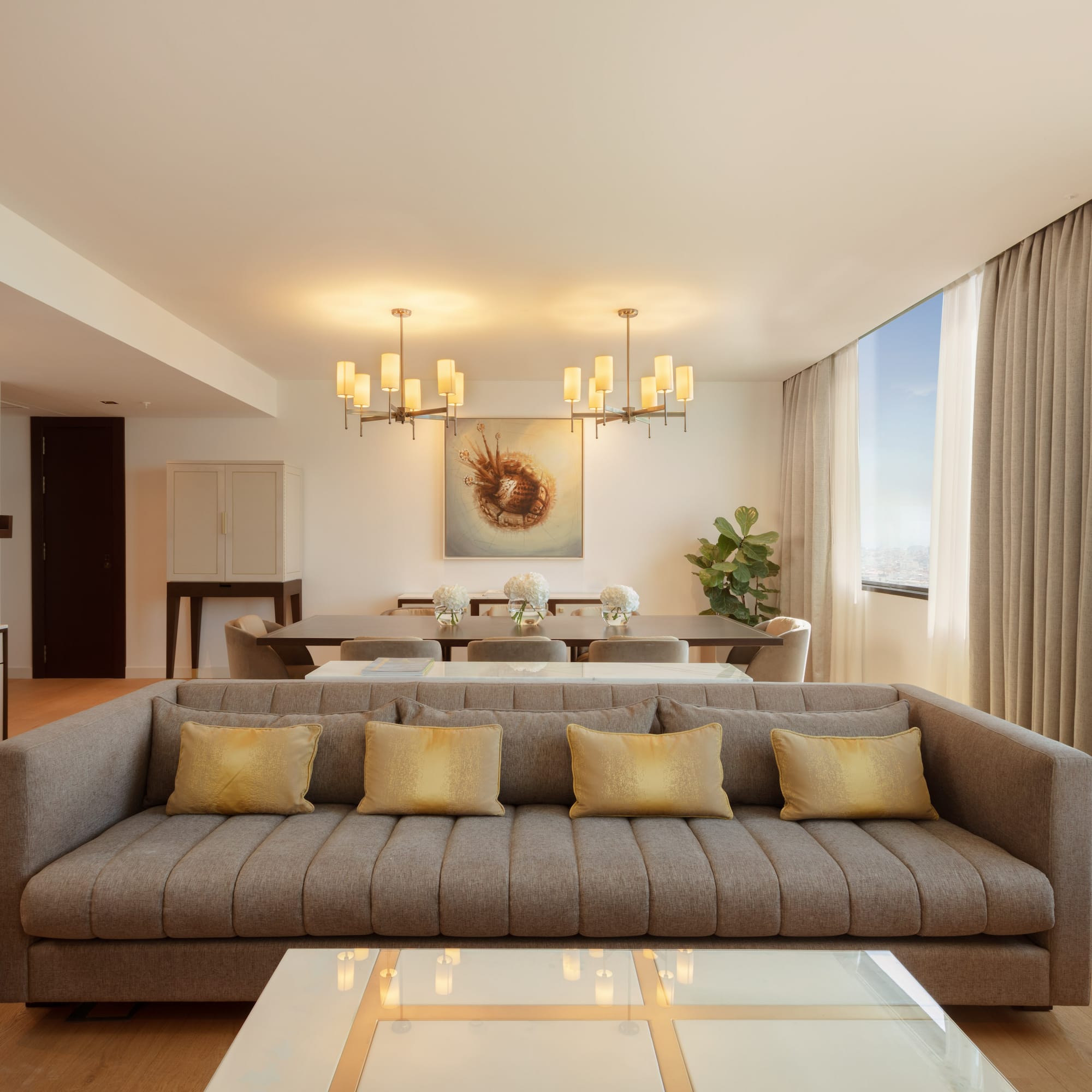 a living room with a couch and a table