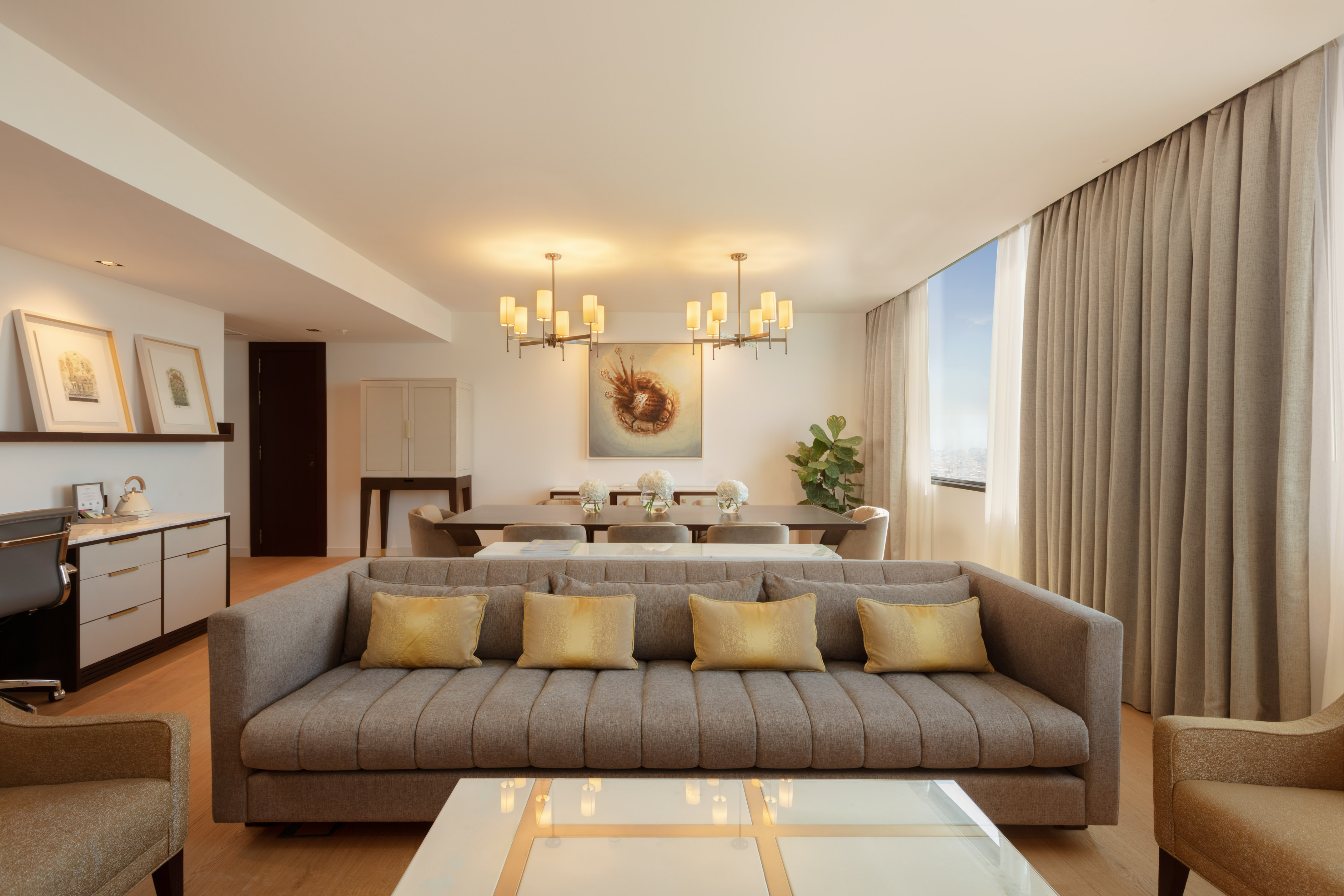 a living room with a couch and a table