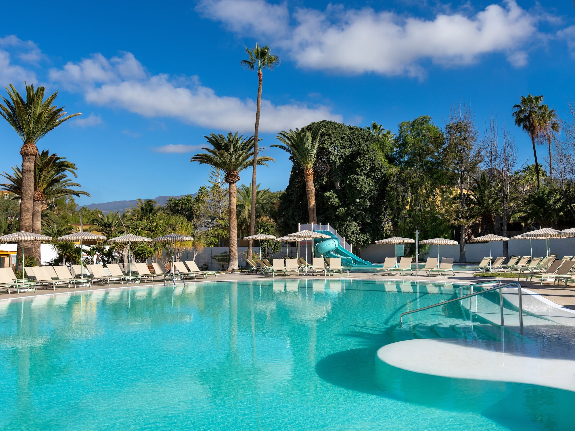 Resort swimming pool with palm trees, sun loungers, and blue water slide.