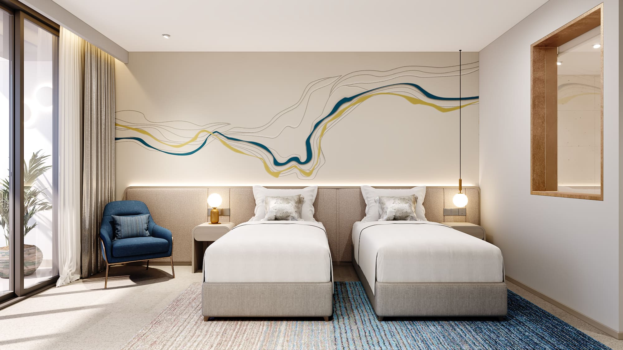 a room with two beds and a blue chair