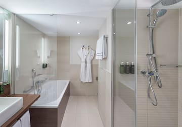 a bathroom with bathtub or shower