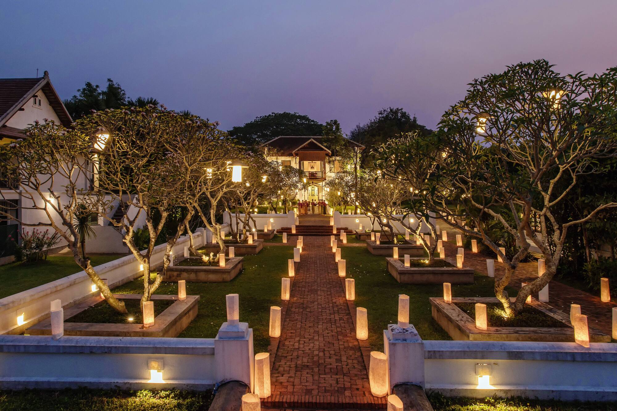 a brick path with trees and lights on it