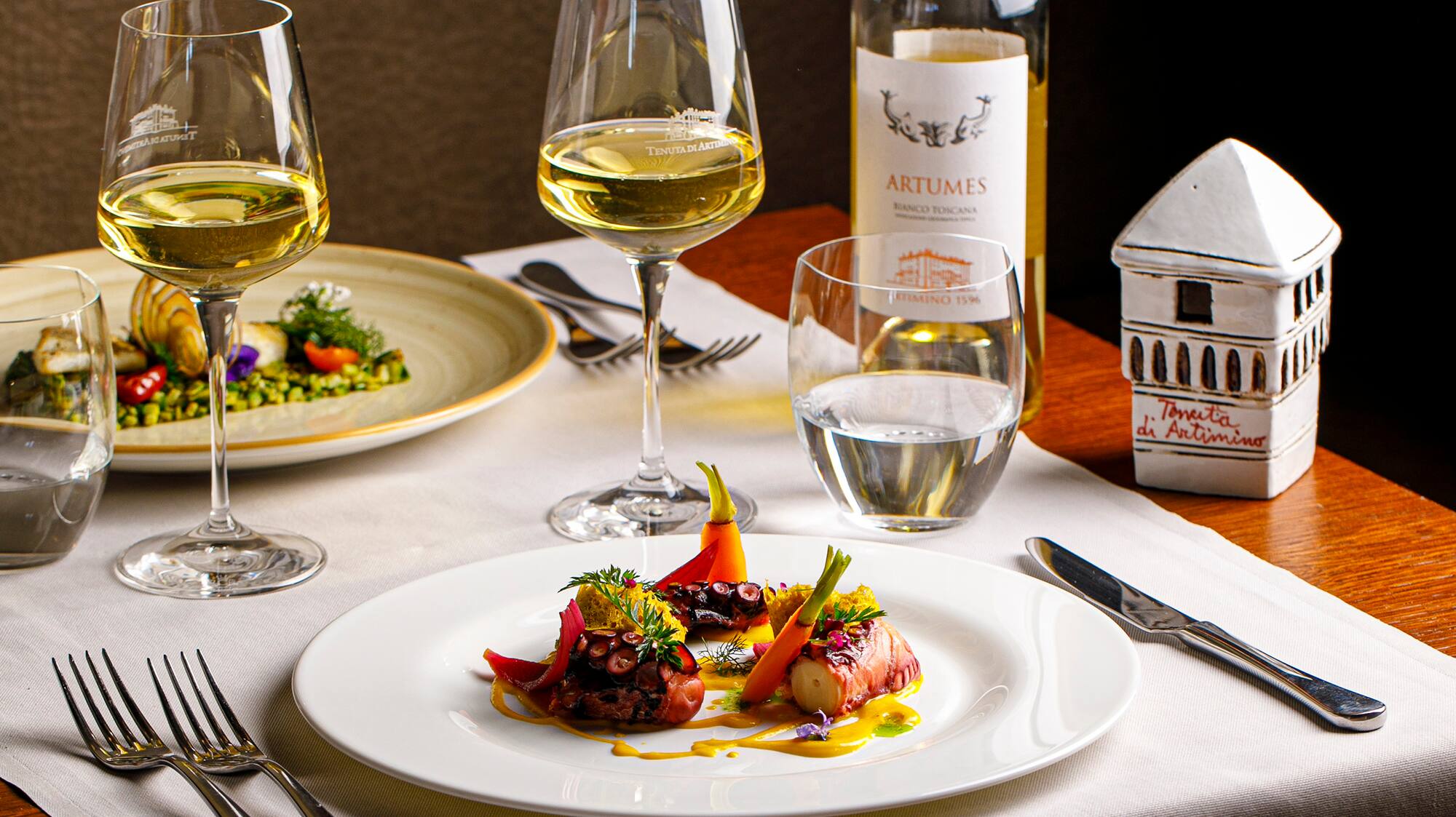 a plate of food and wine glasses on a table