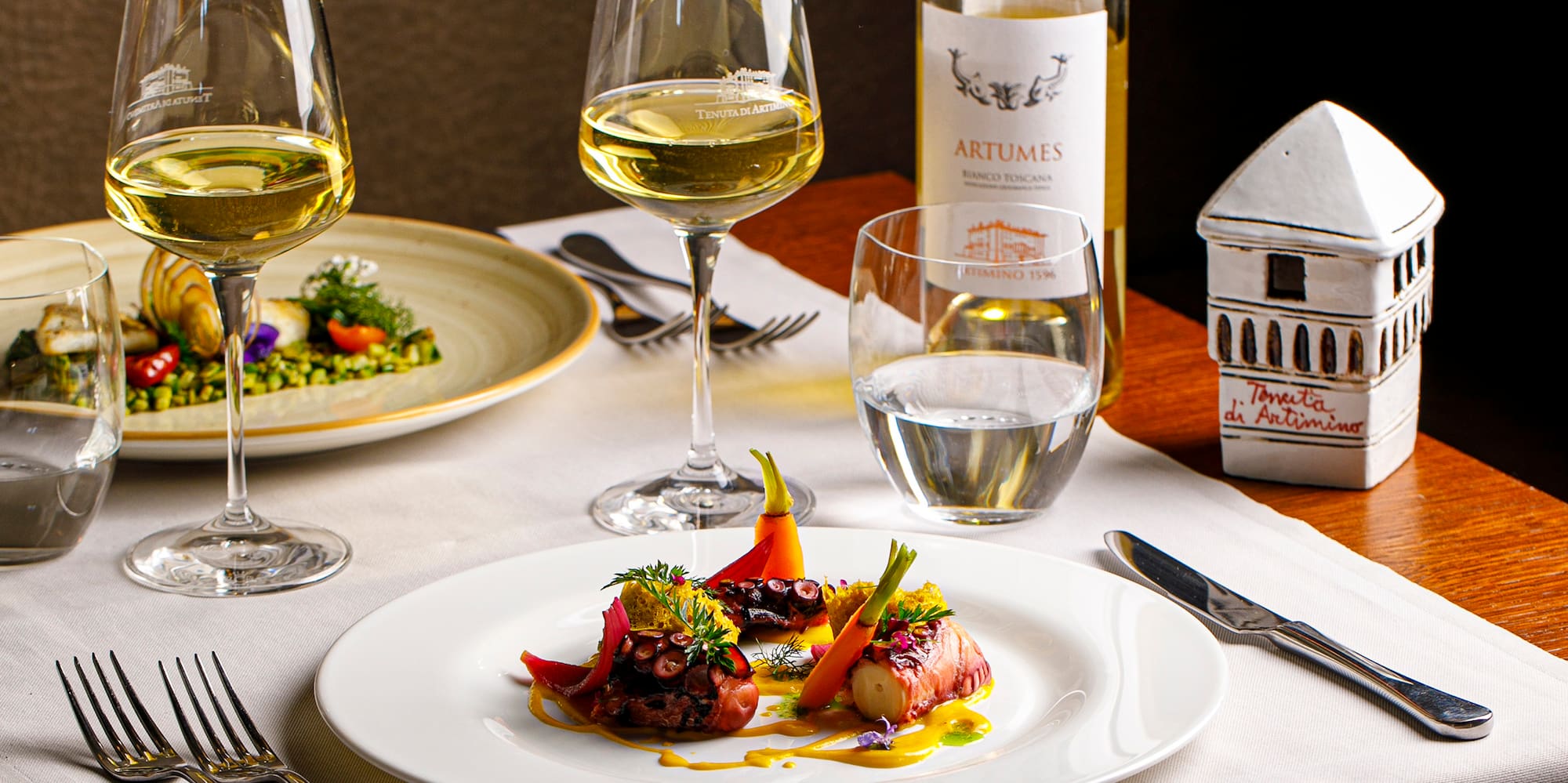 a plate of food and wine glasses on a table