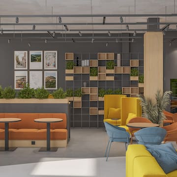 a room with tables and chairs
