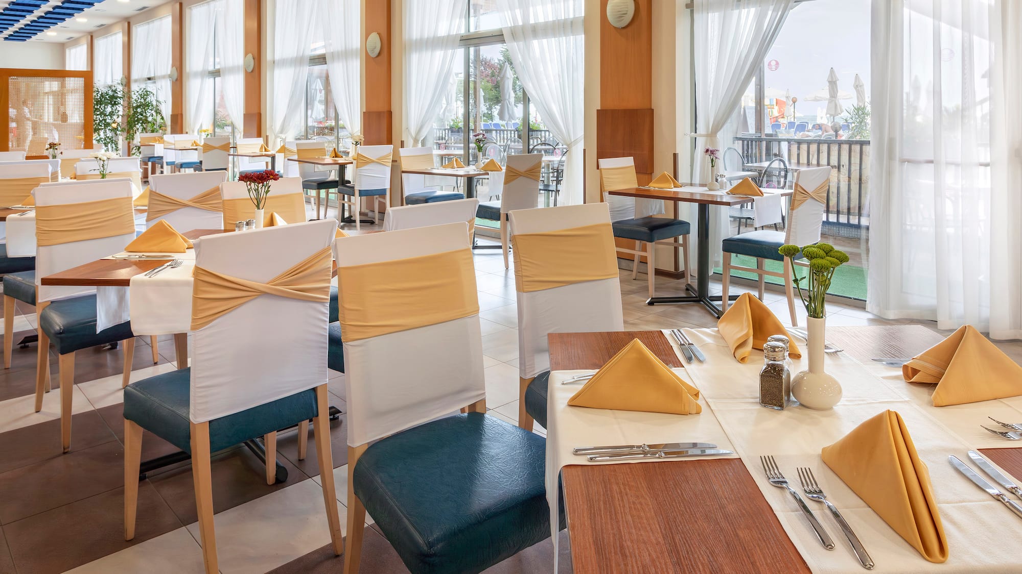 a room with tables and chairs