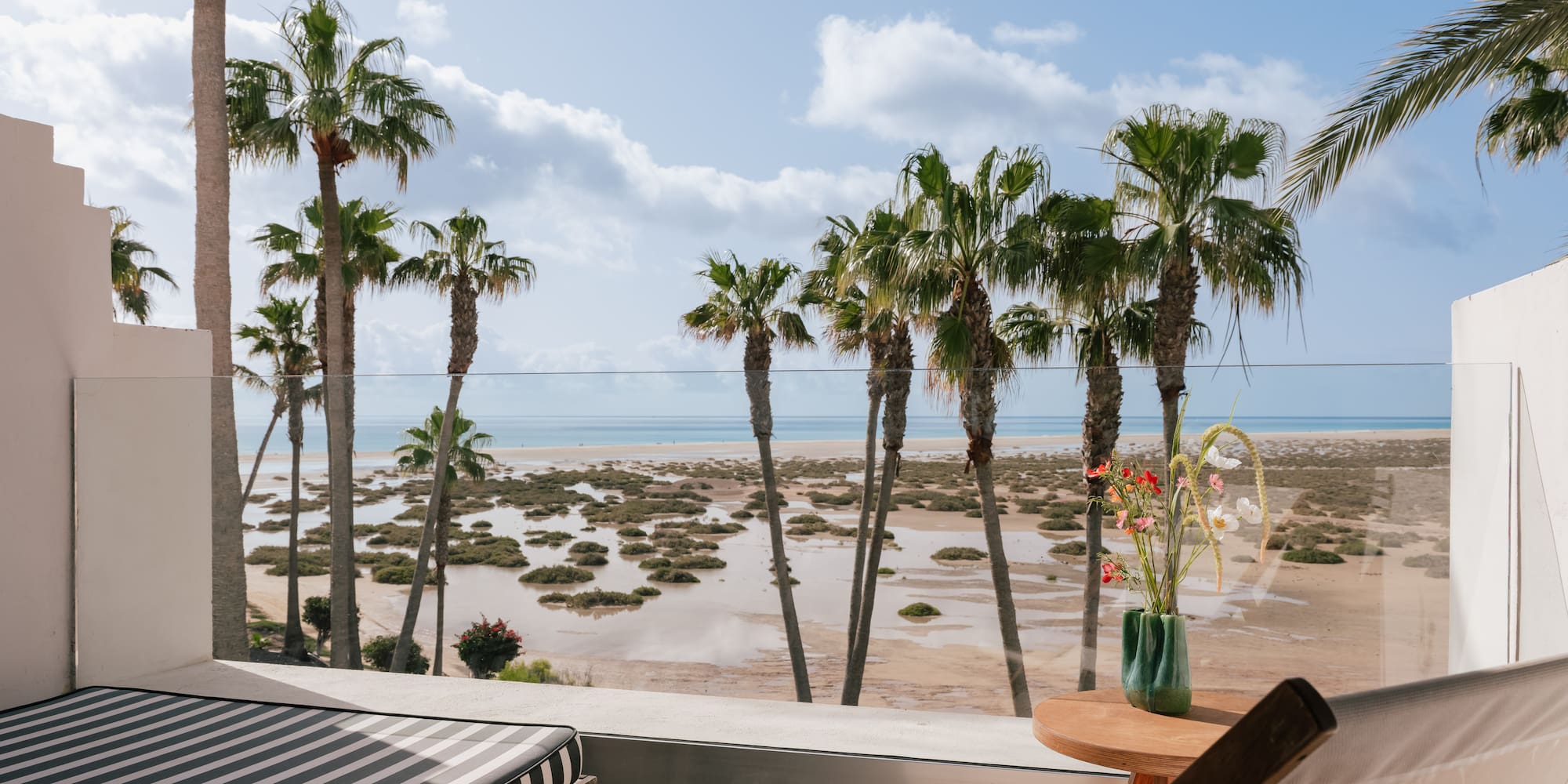 Coastal balcony with daybed, palm trees, and ocean beach view.