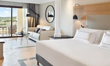 a room with a bed and couches