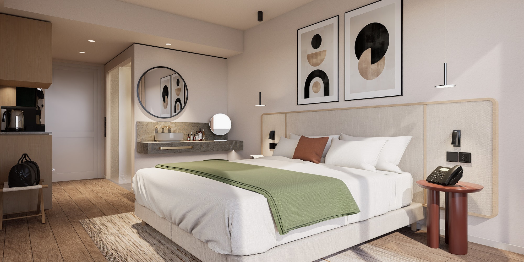 a bedroom with a bed and a sink and a mirror