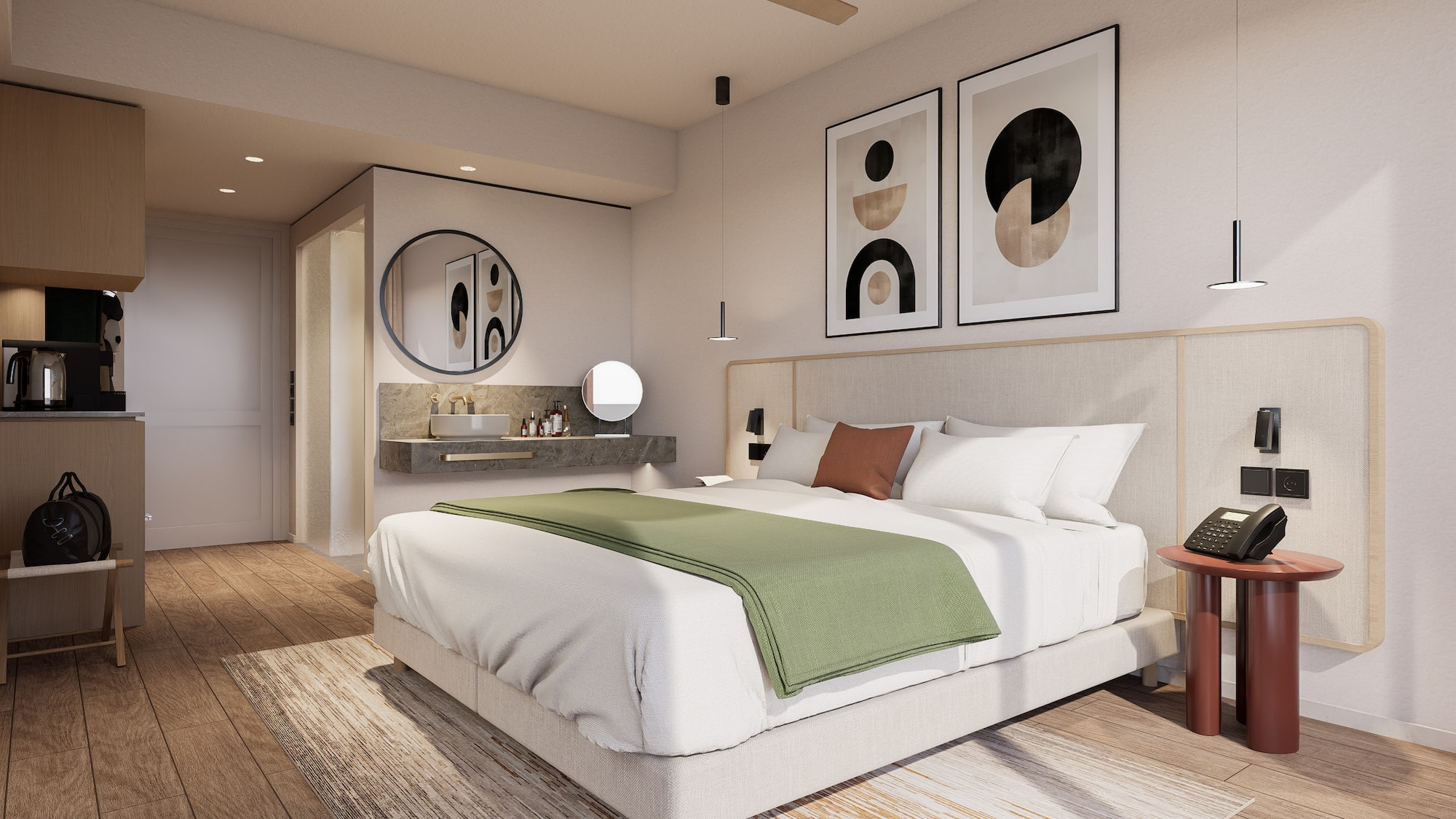 a bedroom with a bed and a sink and a mirror