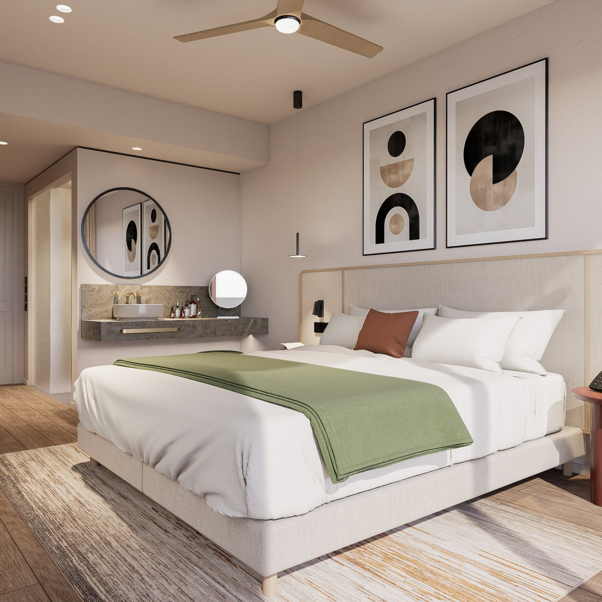 a bedroom with a bed and a sink and a mirror