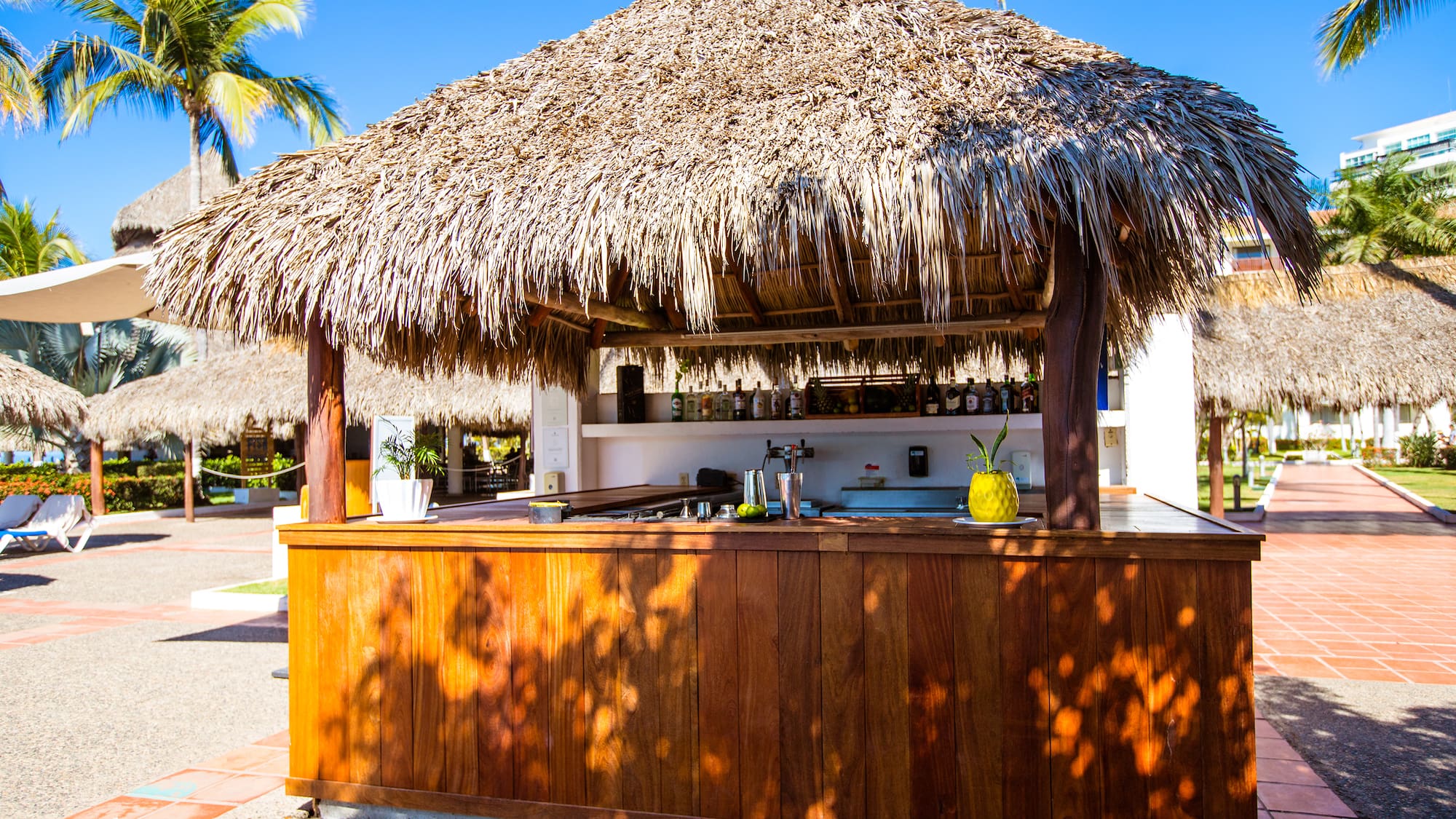 a bar with a straw roof
