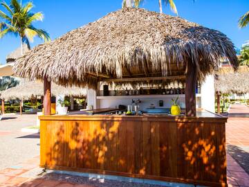 a bar with a straw roof