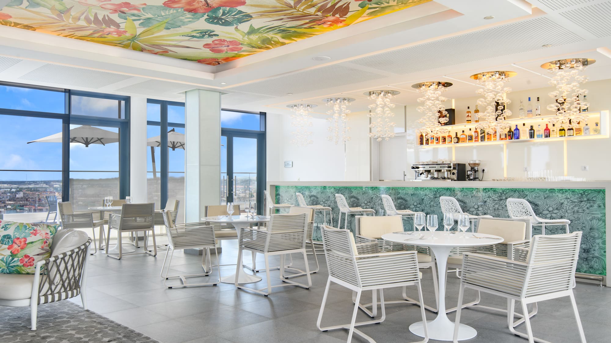 a room with tables and chairs