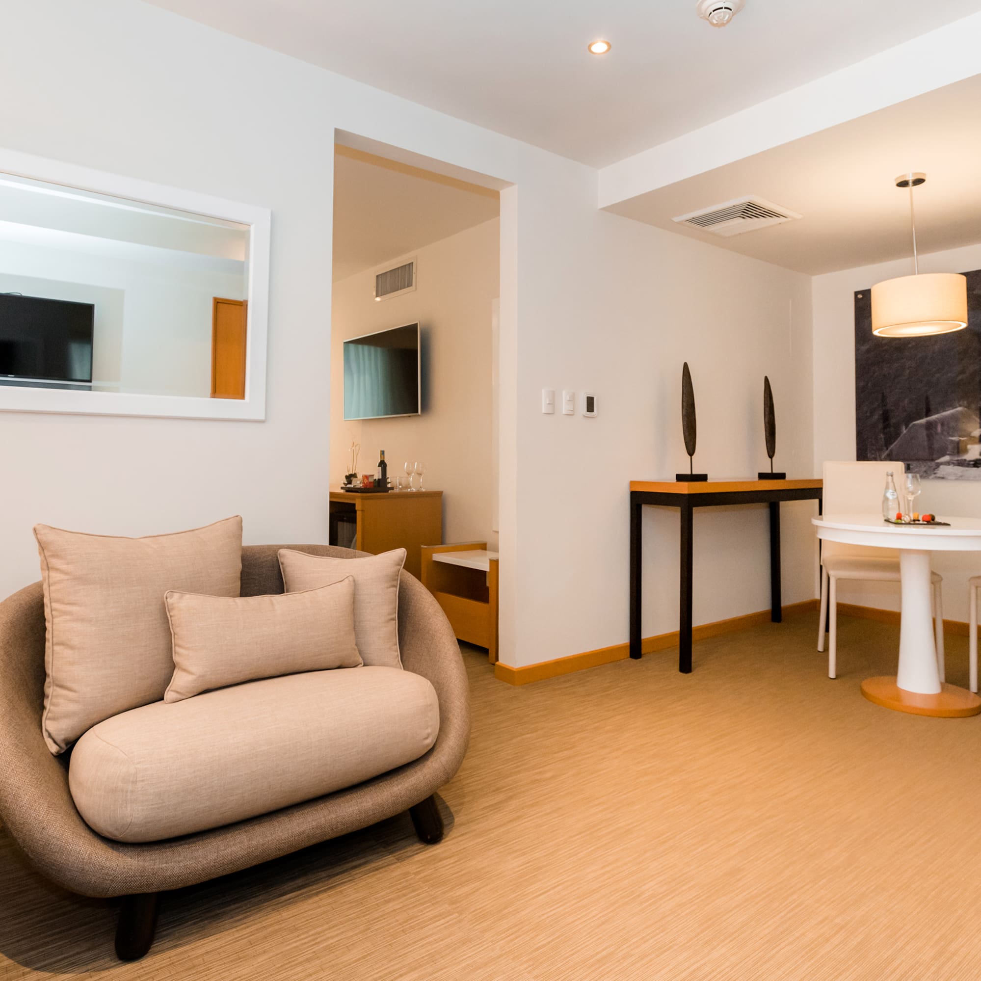 a room with a chair and a table