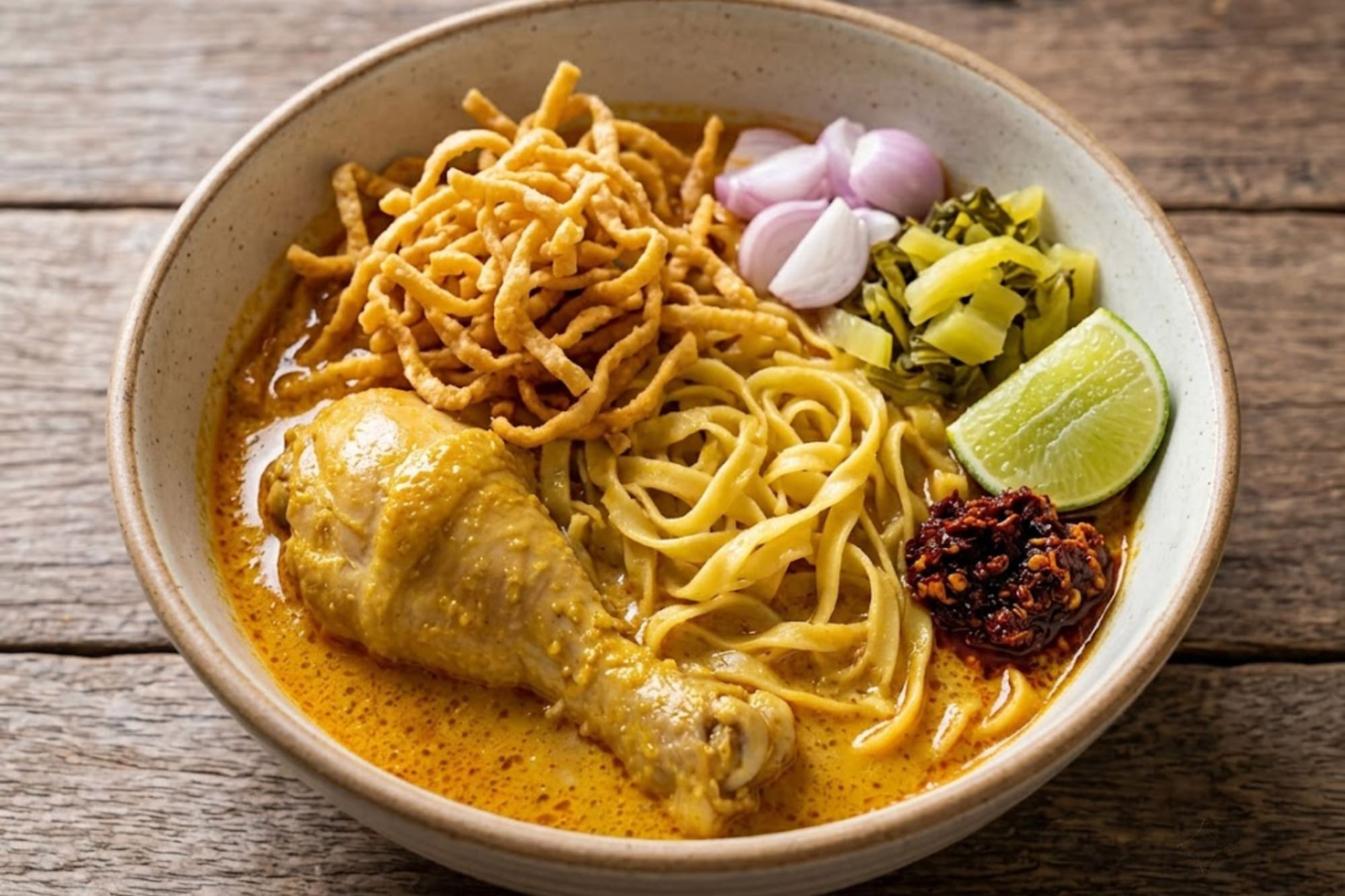Thai Khao Soi chicken, crispy noodles, lime, red onion, and chili paste.