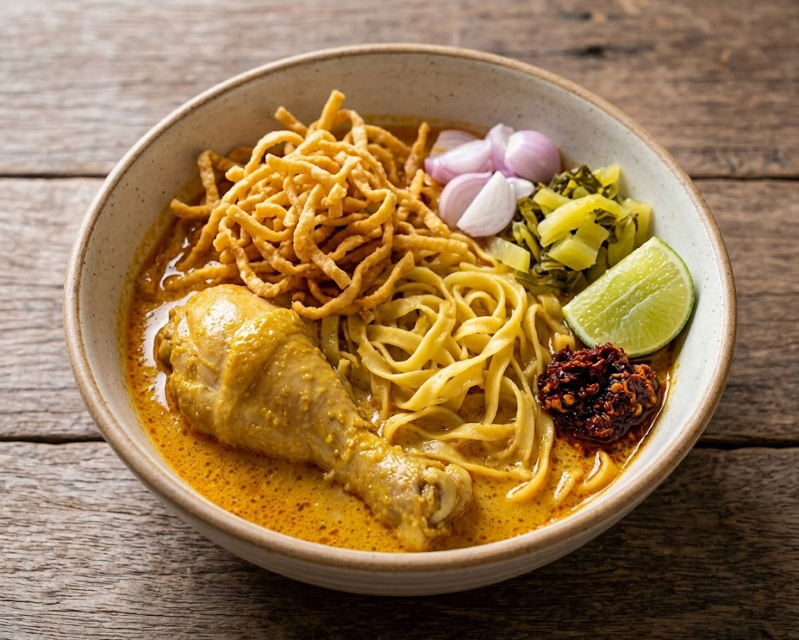 Thai Khao Soi chicken, crispy noodles, lime, red onion, and chili paste.