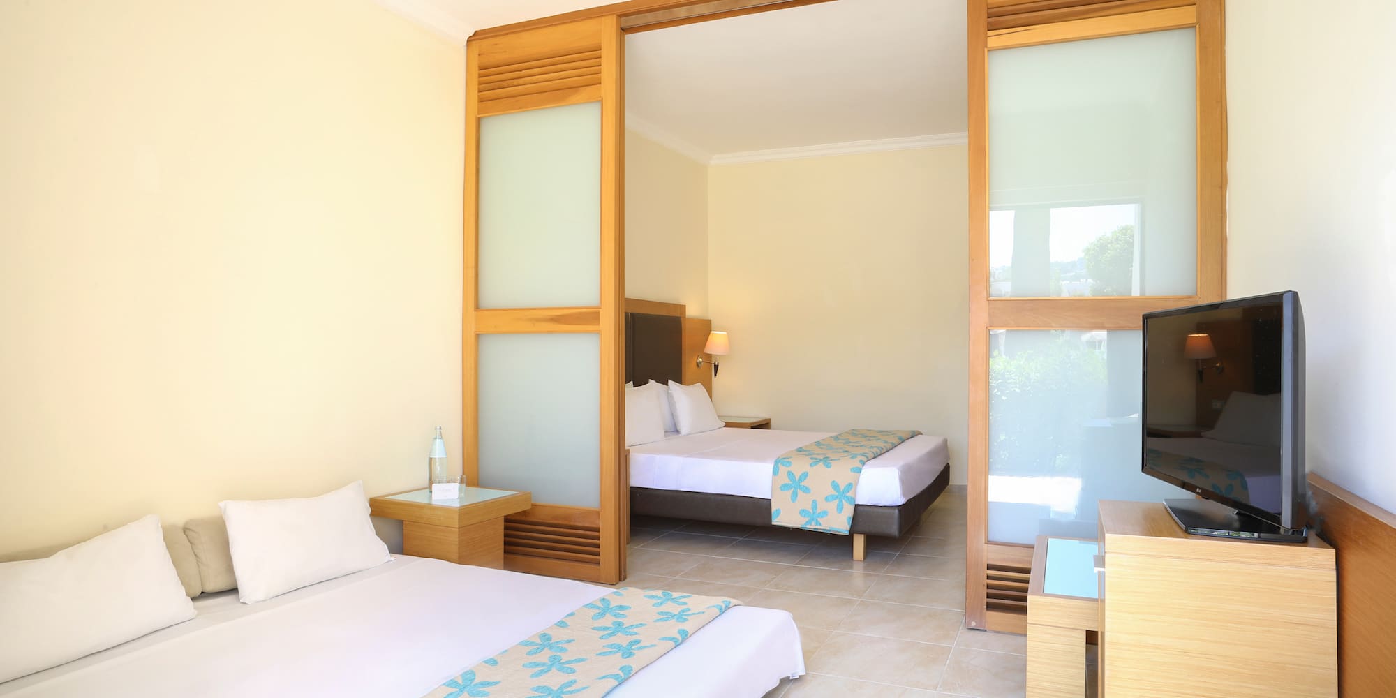 a room with two beds and a tv