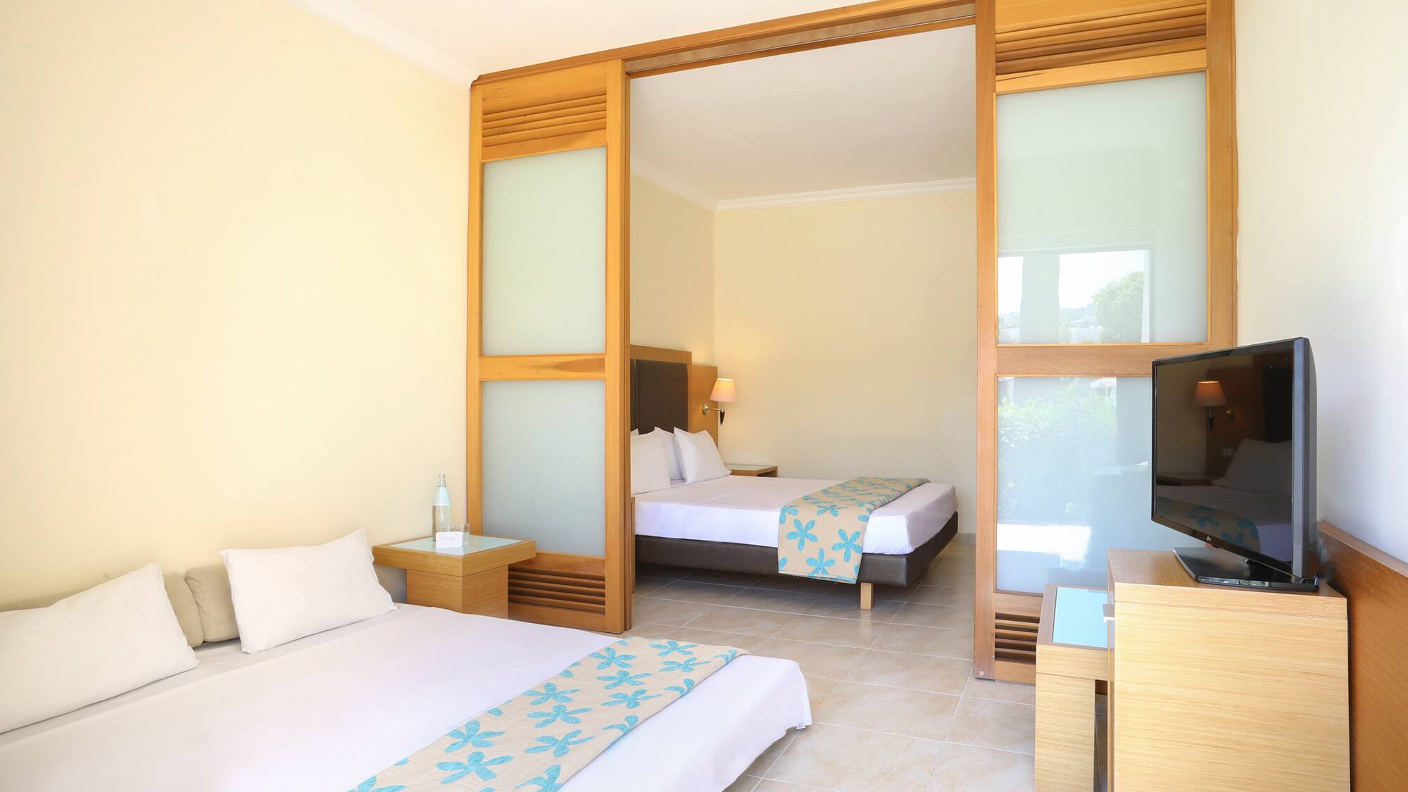 a room with two beds and a tv