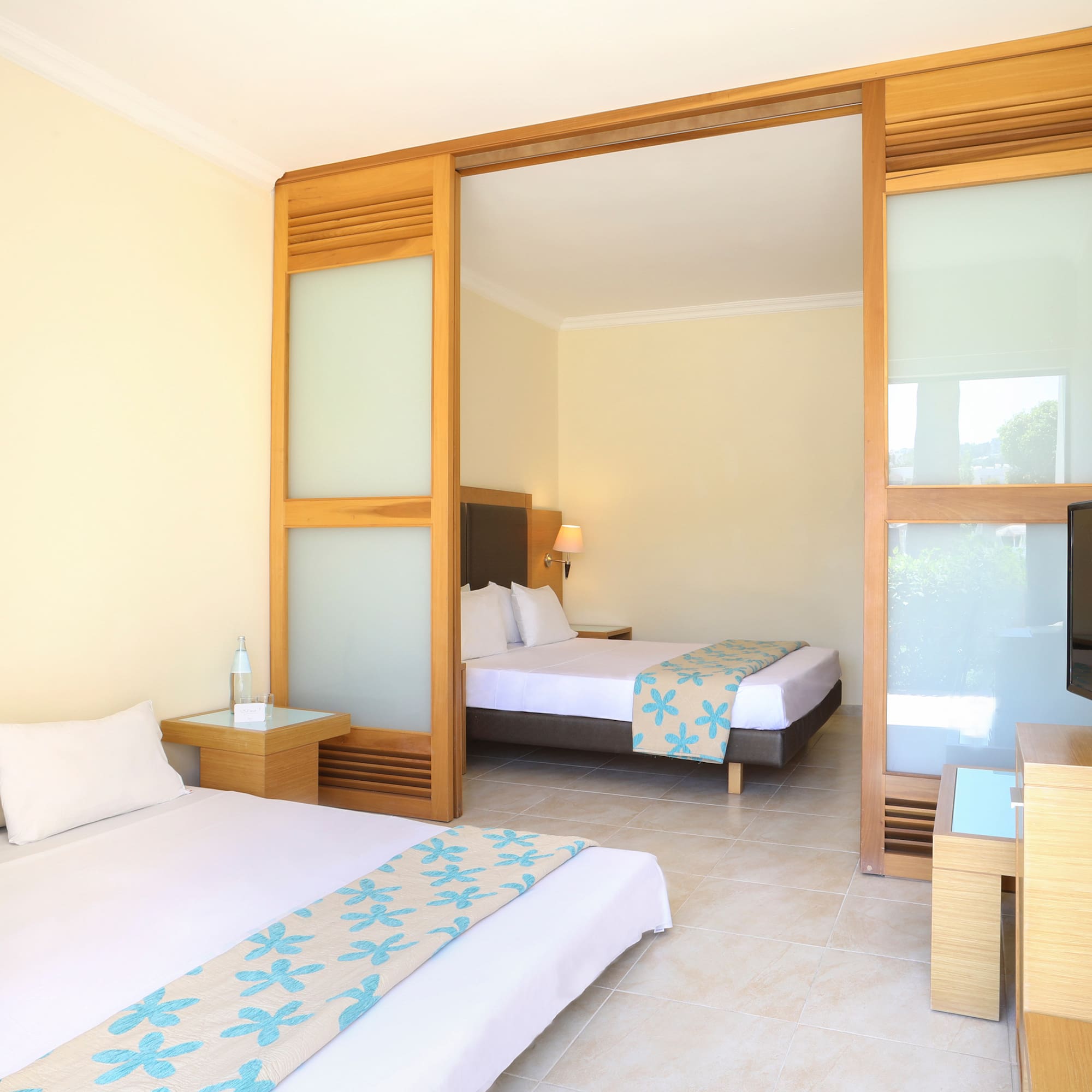 a room with two beds and a tv