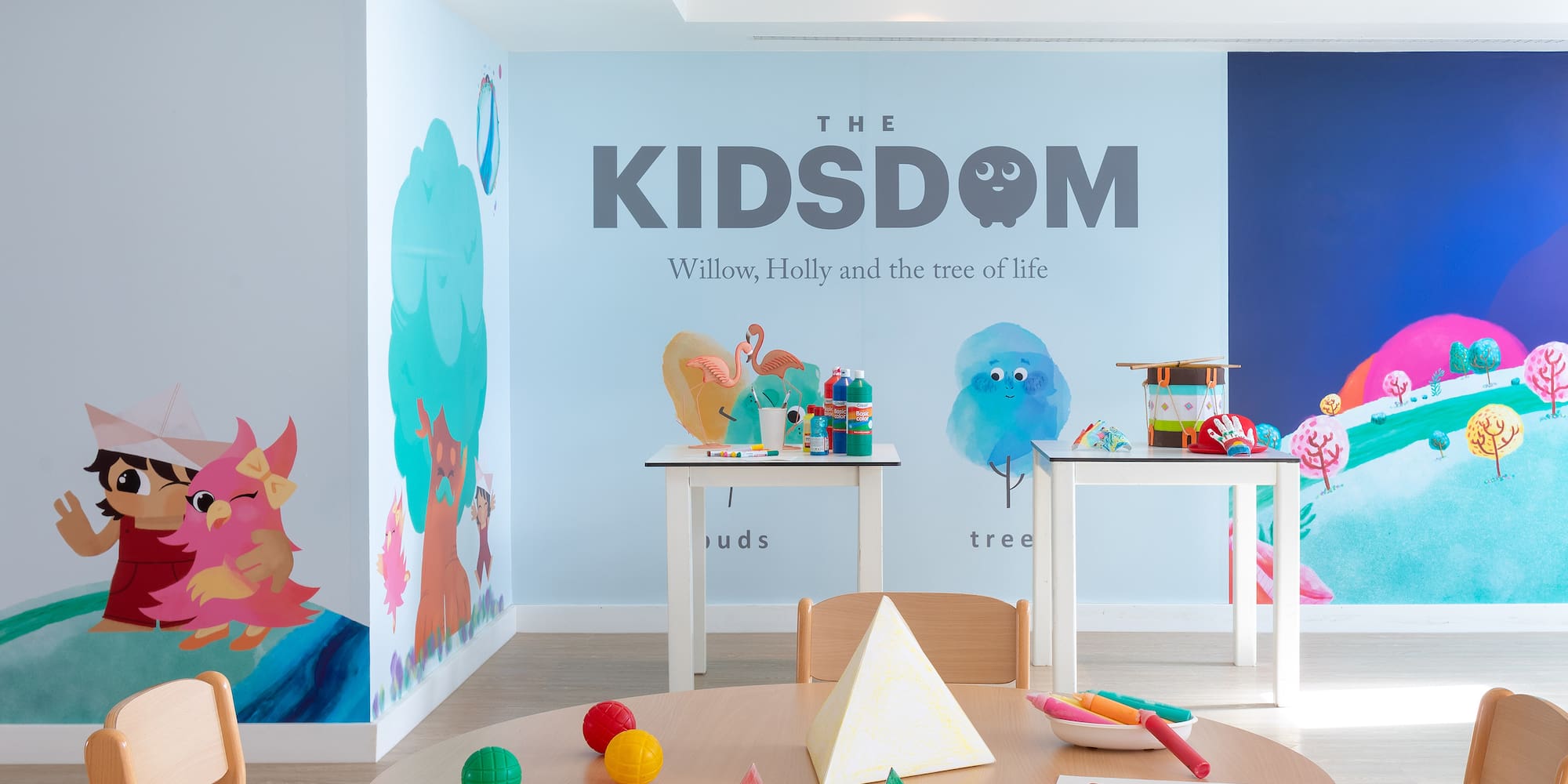 a room with a table and toys