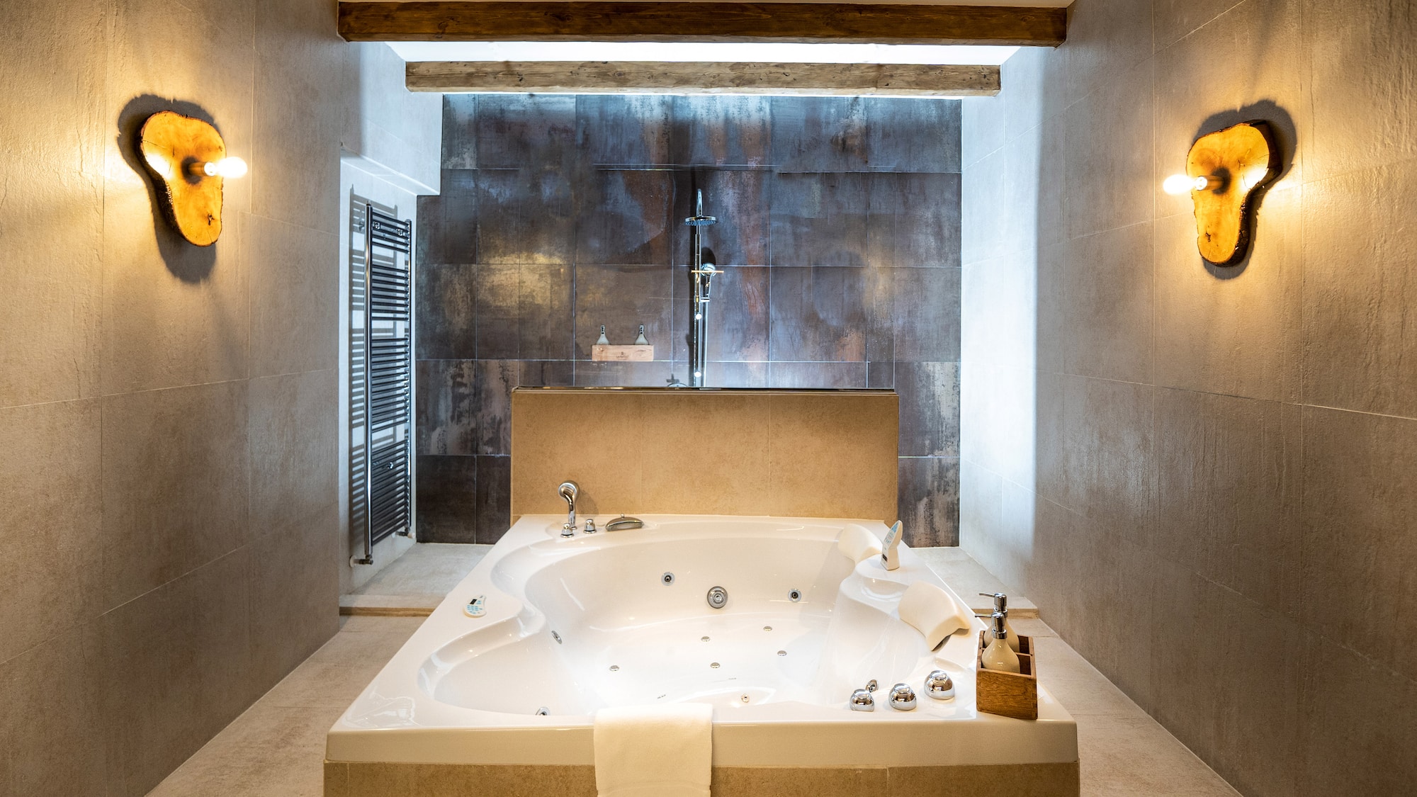 a large white bathtub in a bathroom
