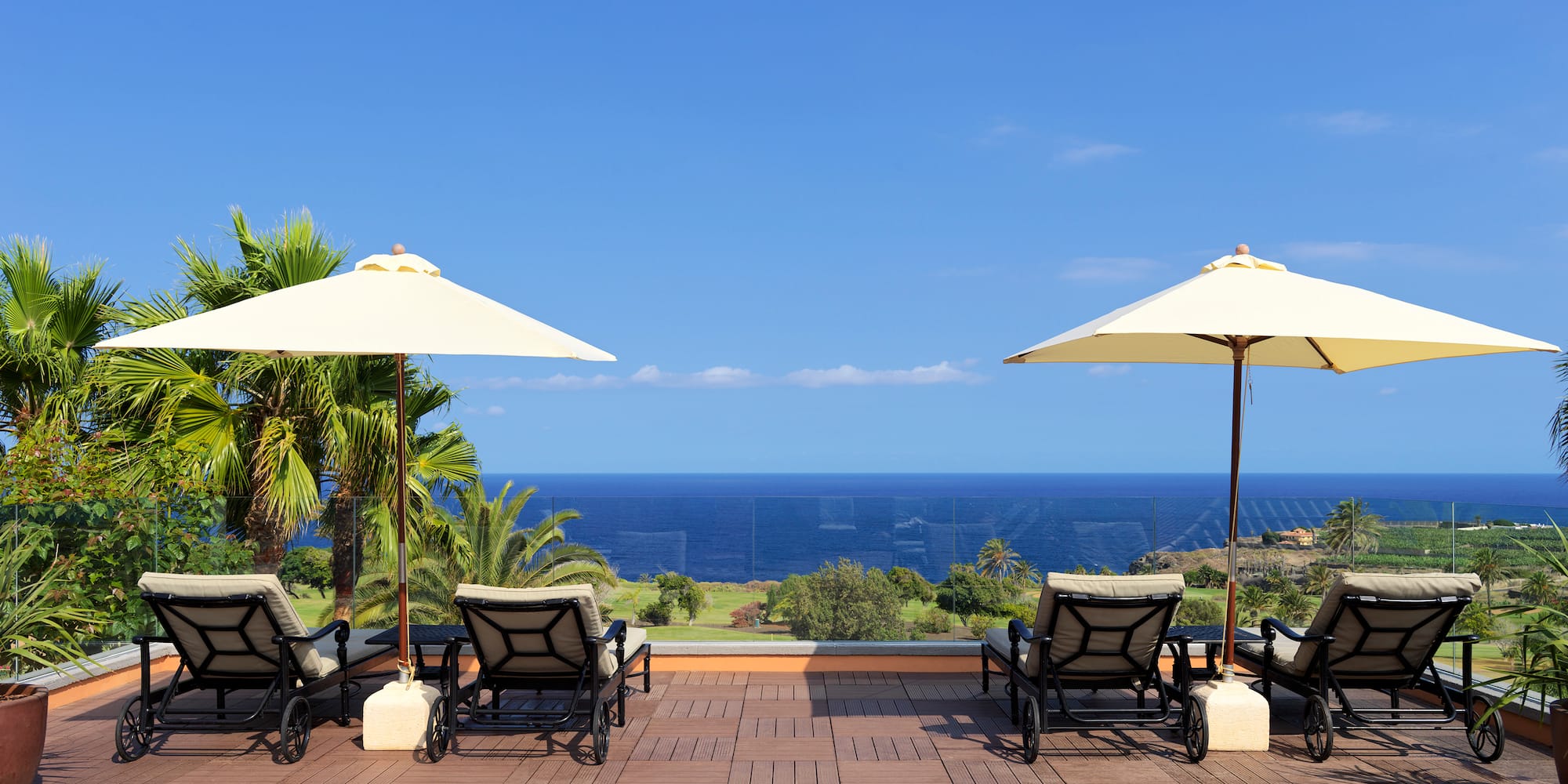 Resort deck with lounge chairs, umbrellas, palm trees, and ocean vista.