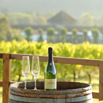 a bottle and two wine glasses on a barrel