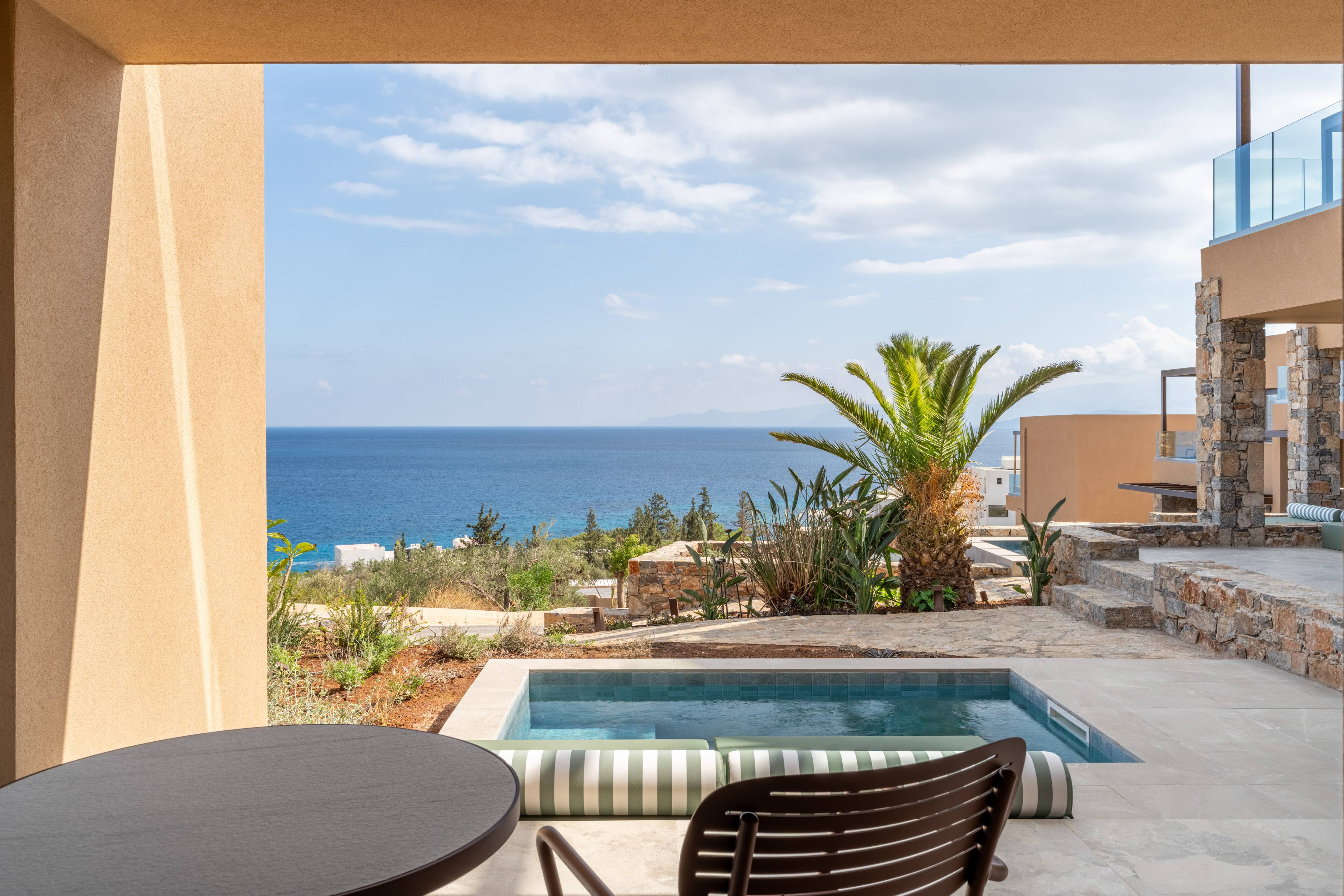 Luxury resort terrace with private plunge pool, palm trees, and ocean view.