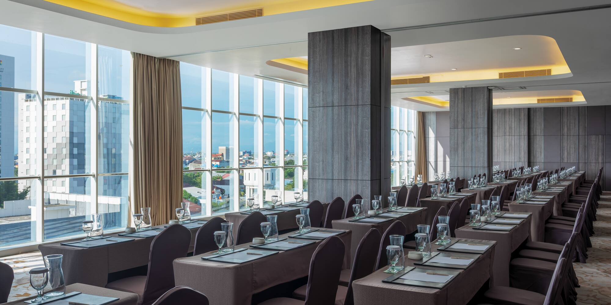 a room with tables and chairs