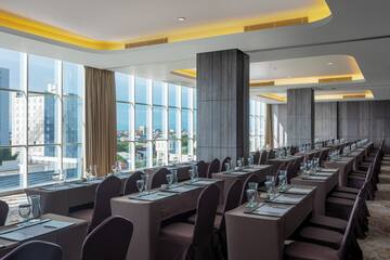 a room with tables and chairs