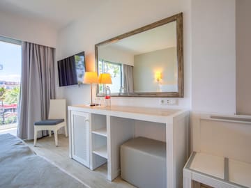 a mirror above a table