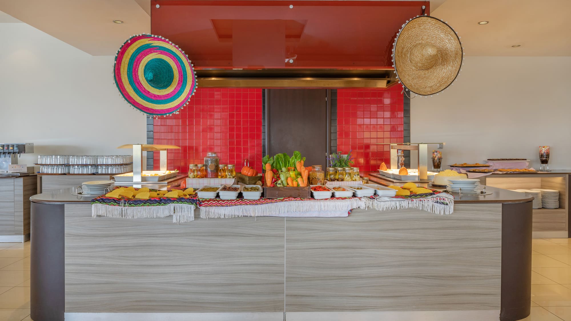 a buffet table with food on it