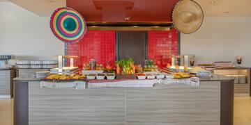 a buffet table with food on it