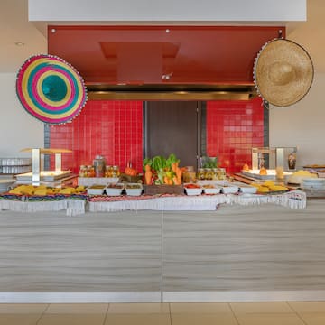 a buffet table with food on it