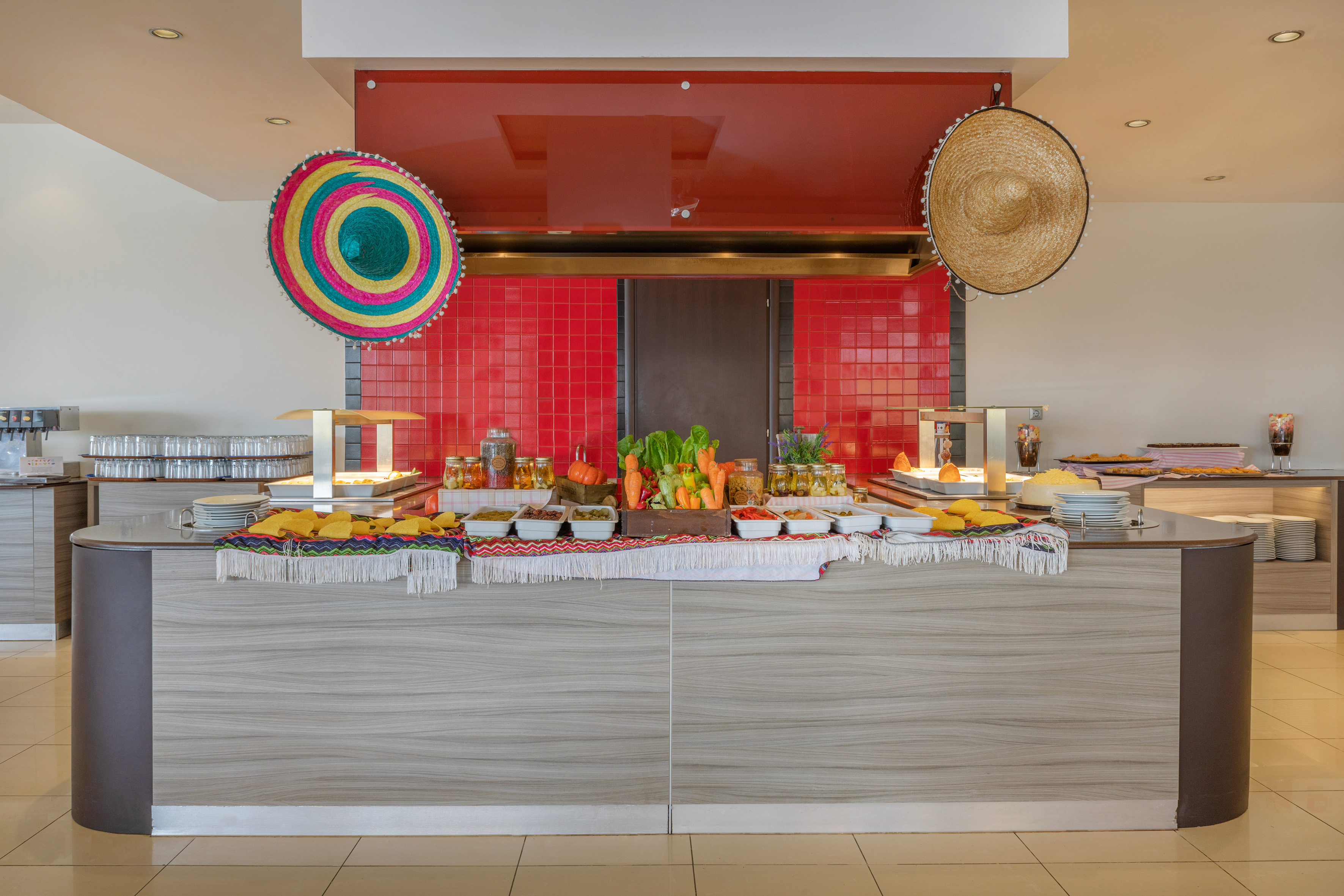 a buffet table with food on it