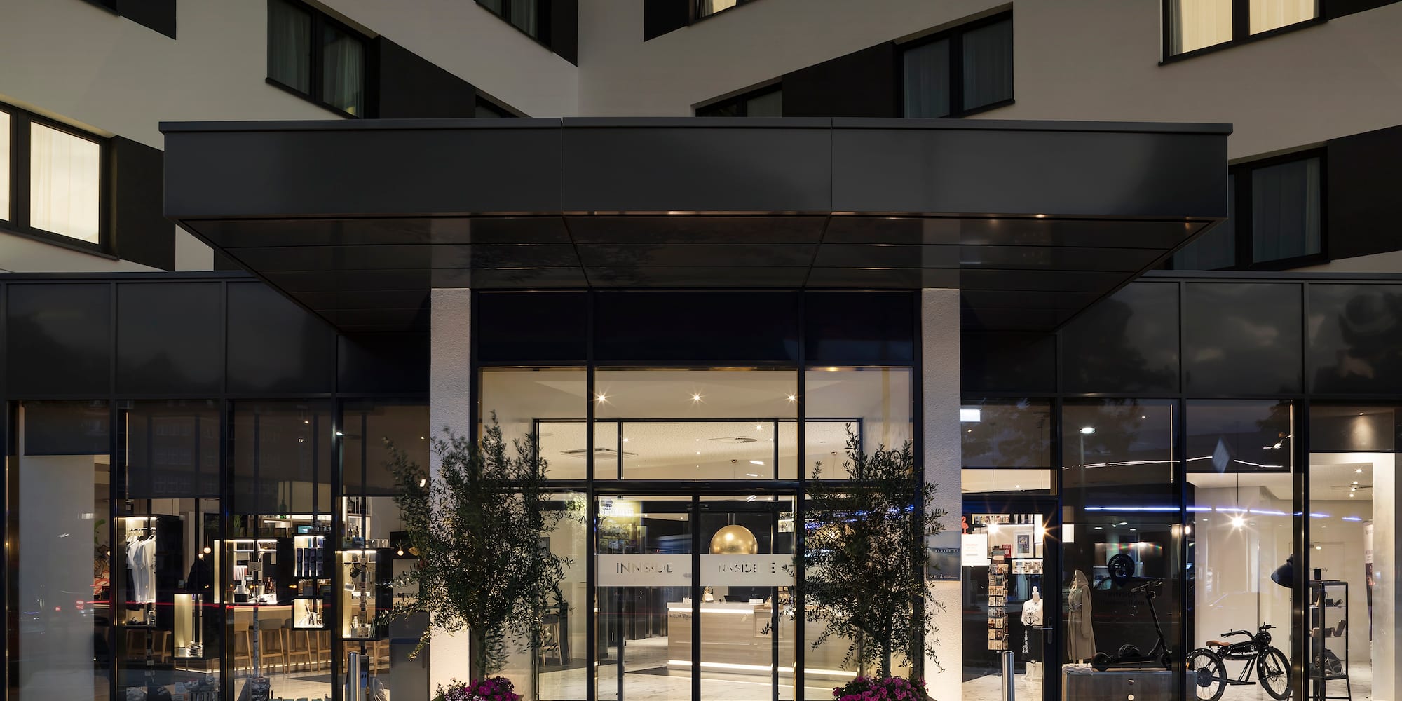 a building with glass doors