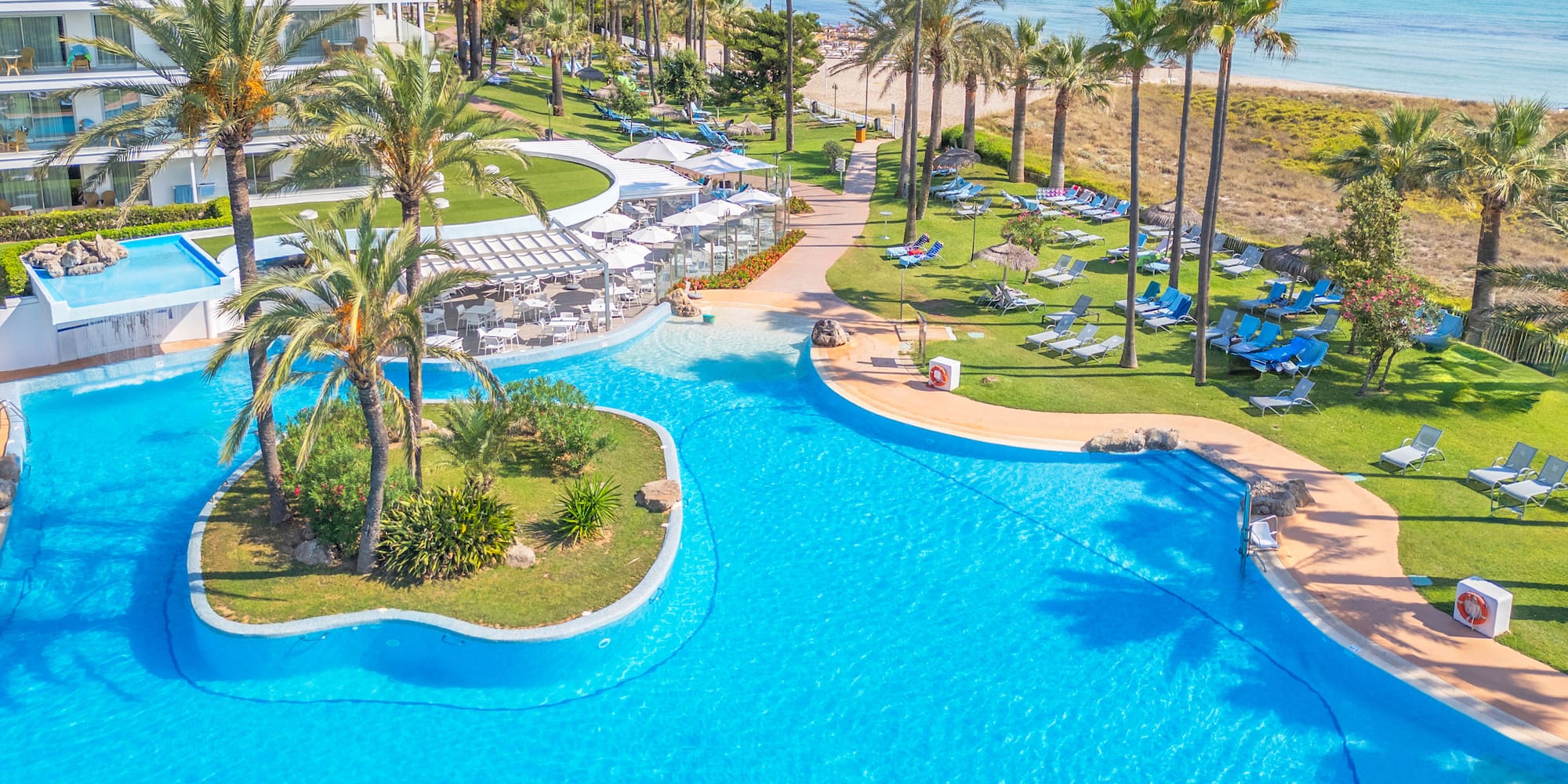 a swimming pool with palm trees and a beach