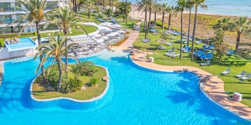 a swimming pool with palm trees and a beach