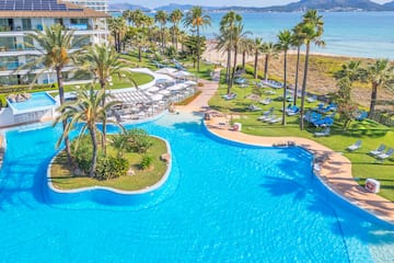 a swimming pool with palm trees and a beach