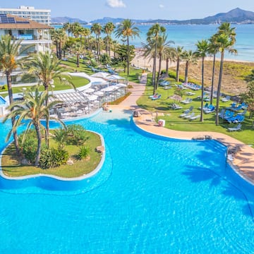 a swimming pool with palm trees and a beach