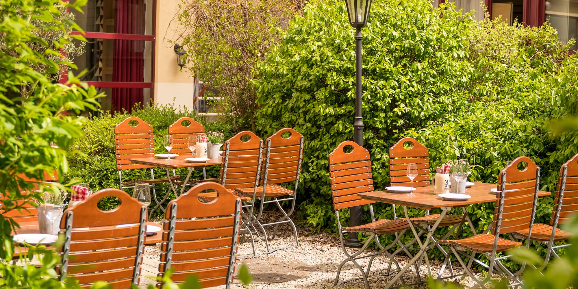 a table and chairs outside