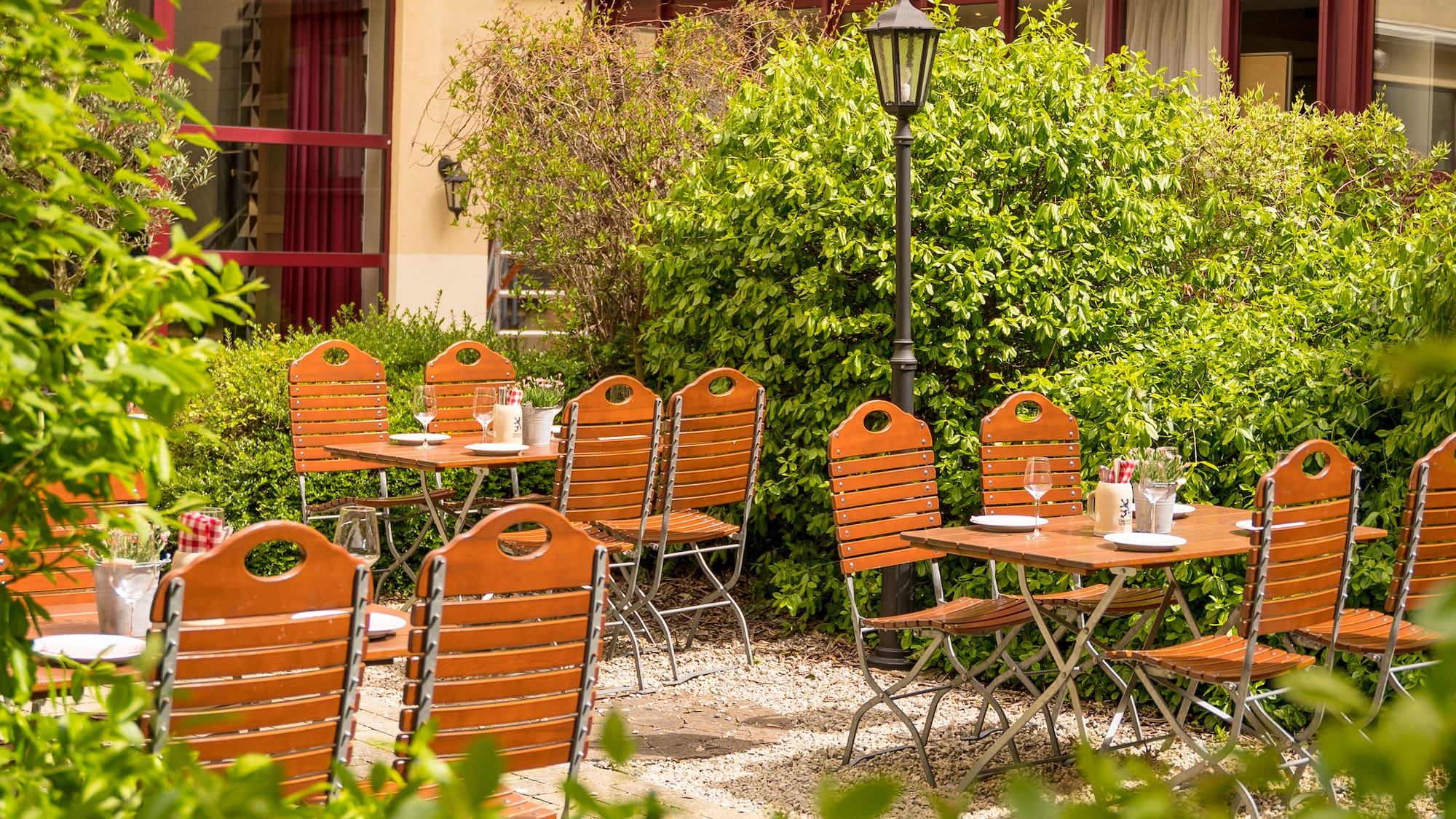 a table and chairs outside