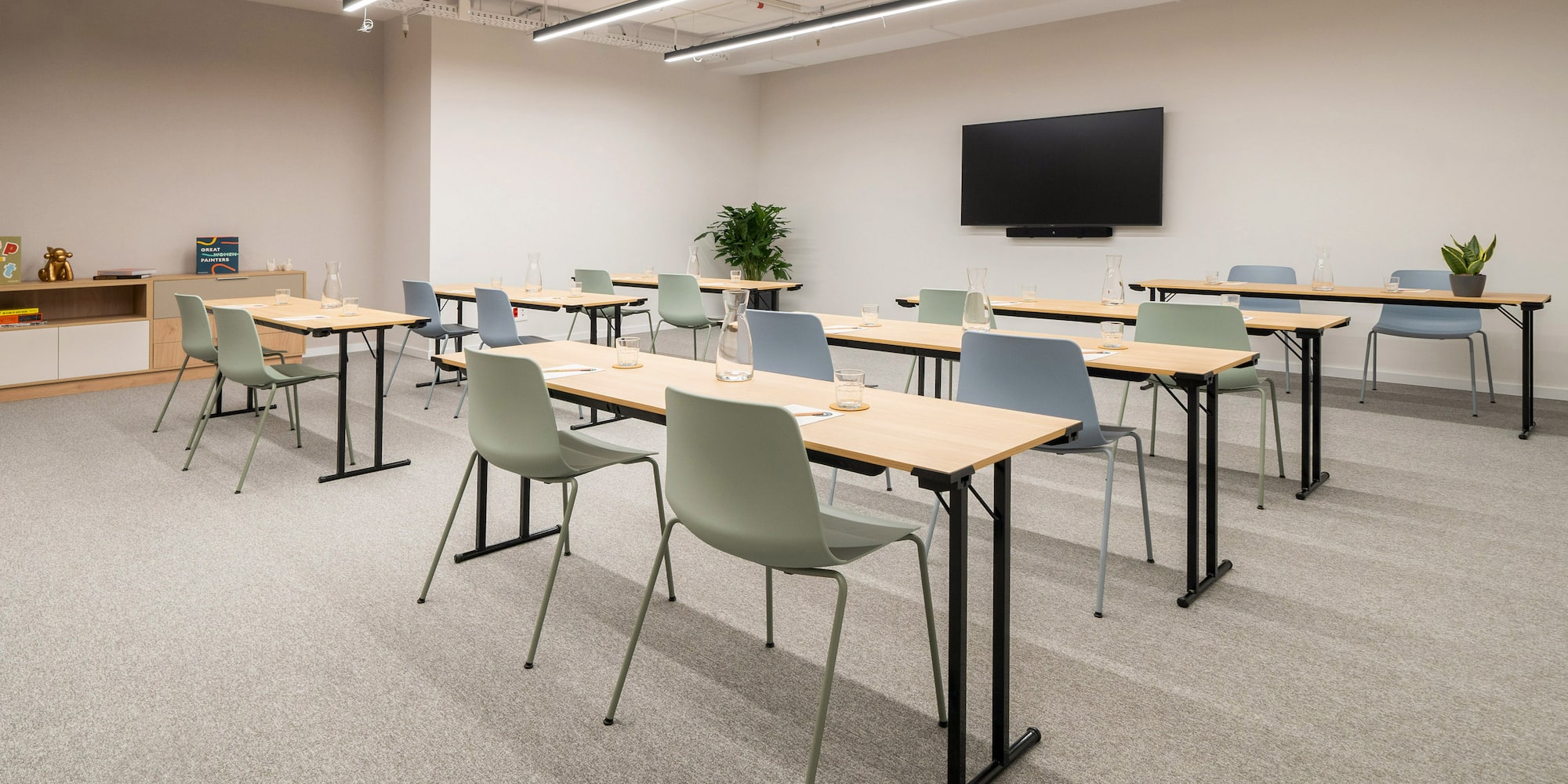 a room with tables and chairs