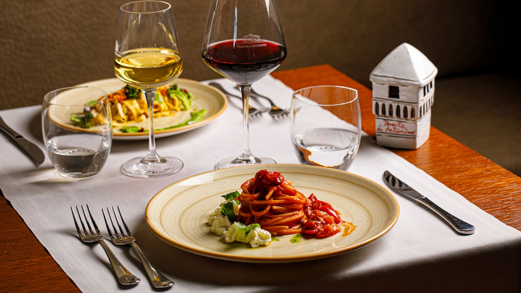 a plate of food and wine glasses on a table
